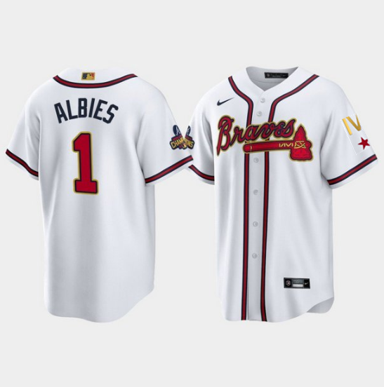 Men's Atlanta Braves #1 Ozzie Albies 2022 White/Gold World Series Champions Program Cool Base Stitched Baseball Jersey Men's Atlanta Braves #1 Ozzie Albies 2022 White/Gold World Series Champions Program Cool Base Stitched Baseball Jersey